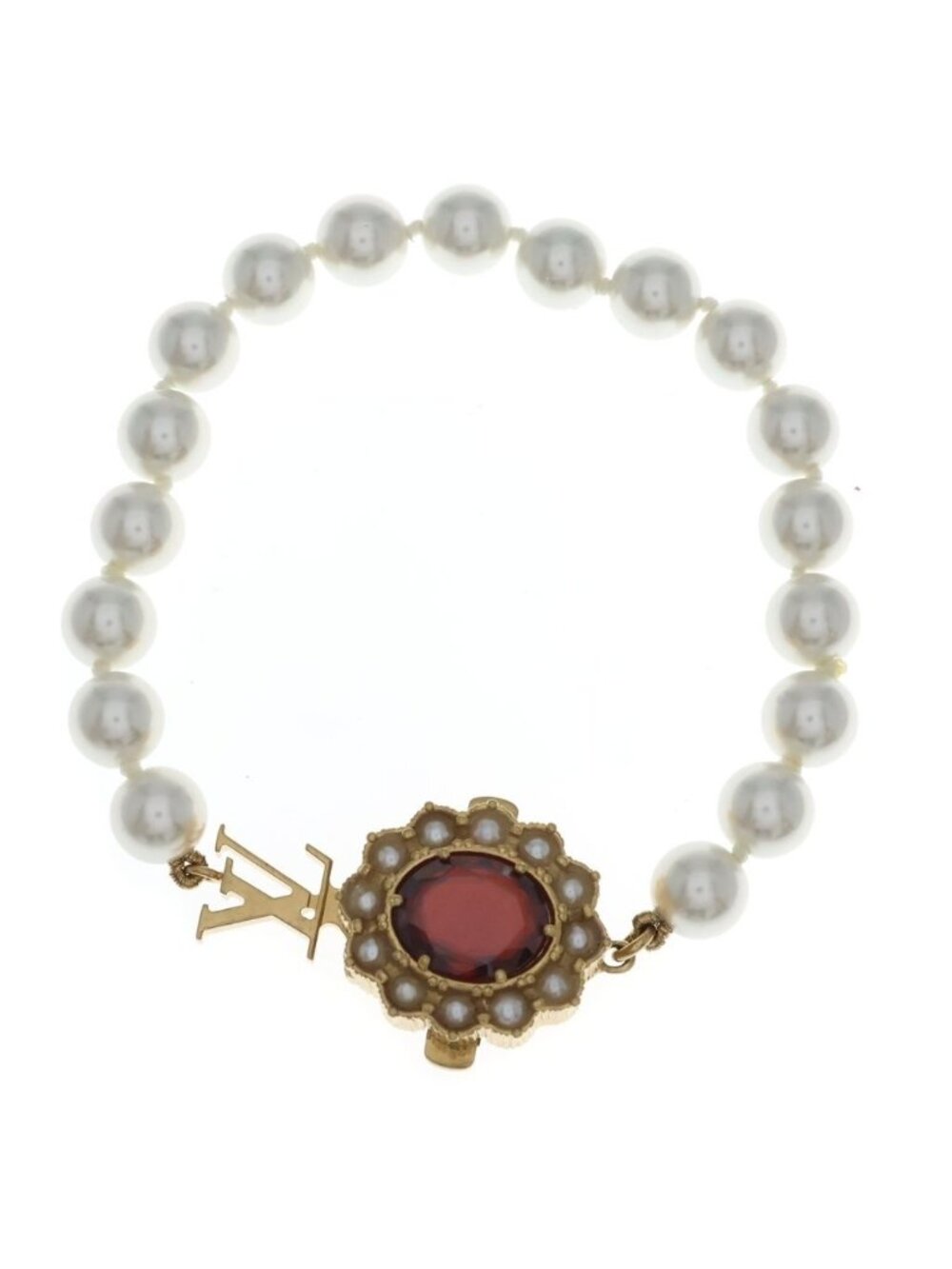 Louis Vuitton LV Dynasty Metal Faux Pearl Rhinestone Bracelet Gold White